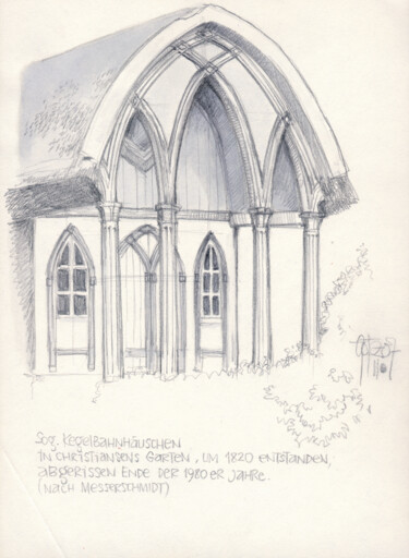 Kegelbahnhäuschen, Flensburg, um 1820. 图画 标题为“Kegelbahnhäuschen,…” 由Götz Wiedenroth, 原创艺术品, 石墨