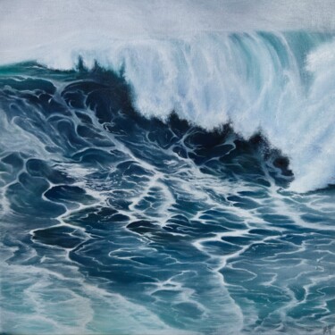 Painting titled "Vague de Nazare" by Hanna Meunier, Original Artwork, Oil Mounted on Wood Stretcher frame
