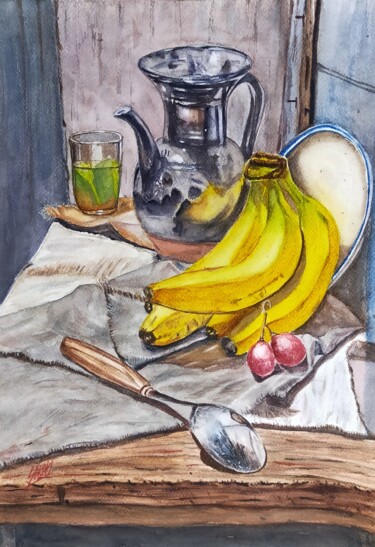 绘画 标题为“Bananas On Table” 由Sabari Girish T, 原创艺术品, 水彩
