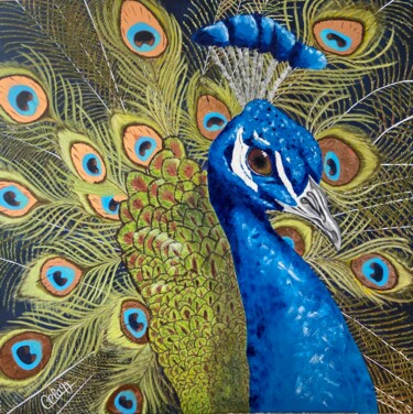 Painting titled "Léon le Paon" by Cristel Clavaguera, Original Artwork, Oil Mounted on Wood Stretcher frame