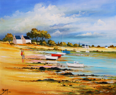 Bateaux de pêche à marée basse. Peinture intitulée "Bateaux de pêche à…" par Eric Bruni, Œuvre d'art originale, Acrylique Monté sur Châssis en bois