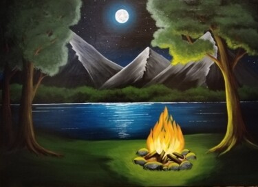 Painting titled "fireside chats" by Viktoria Bayarynya, Original Artwork, Acrylic Mounted on Wood Stretcher frame