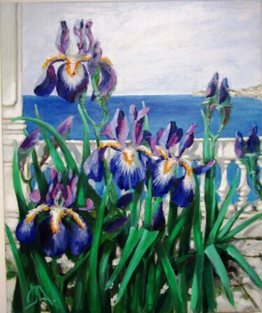제목이 "Les irises sur la t…"인 미술작품 Lidia Marinova로, 원작, 기름 나무 들것 프레임에 장착됨