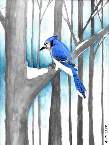 Peinture intitulée "GEAI BLEU" par Aurélie Saez, Œuvre d'art originale, Aquarelle