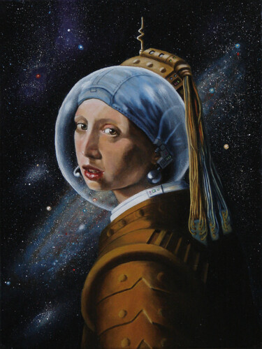 Space Girl with Pearl Earpiece (after Vermeer) Painting titled "Space Girl with Pea…" by Ken Kvamme, Original Artwork, Oil Mounted on Wood Stretcher frame