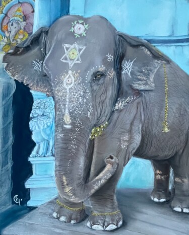 图画 标题为“Lakshmi l’éléphant…” 由Francette Guittard, 原创艺术品, 粉彩 安装在纸板上
