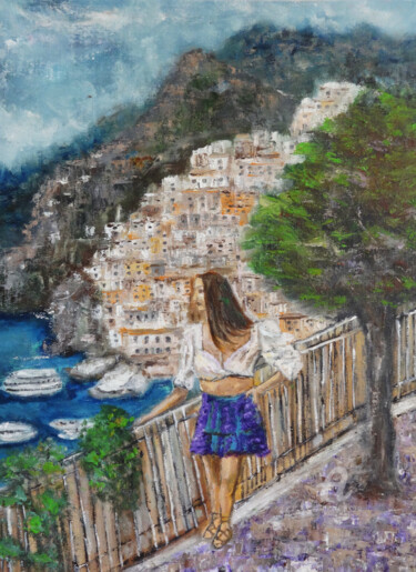 Painting titled "A Woman at Amalfi C…" by Indrani Ghosh, Original Artwork, Oil Mounted on Other rigid panel