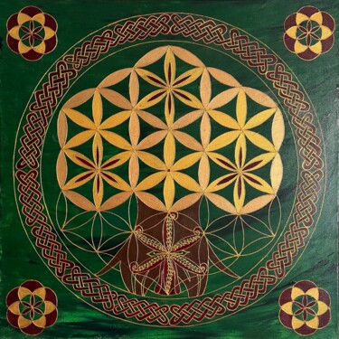 Sacred Tree of Life, genus,life, green, flower of life Painting titled "Sacred Tree of Life…" by Nadezhda Dvornikova, Original Artwork, Acrylic