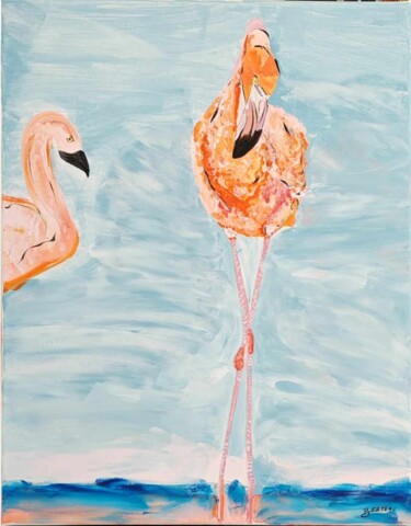 Peinture intitulée "Flamands Roses" par Isabelle Breteau (Zabougne), Œuvre d'art originale, Acrylique Monté sur Châssis en b…