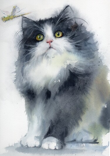 Schilderij getiteld "The  cute cat.Water…" door Alla Prisakar, Origineel Kunstwerk, Aquarel