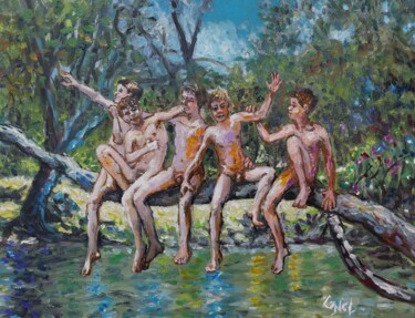 Schilderij getiteld "Young group" door Giorgos Nicolaou (Gncl), Origineel Kunstwerk, Olie Gemonteerd op Karton