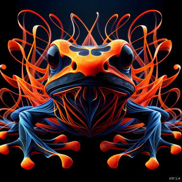 Leuchtender Pfeilgiftfrosch mit abstrakten Flammenmustern 数字艺术 标题为“Leuchtender Pfeilgi…” 由Heinz Bucher, 原创艺术品, 数字油画 安装在铝上