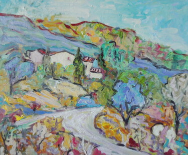 Painting titled "hameau du lubéron" by Bernard Goasguen, Original Artwork, Oil Mounted on Wood Stretcher frame