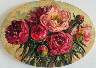 Peinture intitulée "Coral pink peony bo…" par Leyla Demir, Œuvre d'art originale, Huile Monté sur Châssis en bois