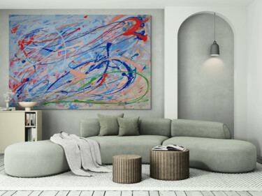 big Abstract Acrylic Painting in Blue and Red 绘画 标题为“big Abstract Acryli…” 由Oxerma, 原创艺术品, 丙烯 安装在木质担架架上