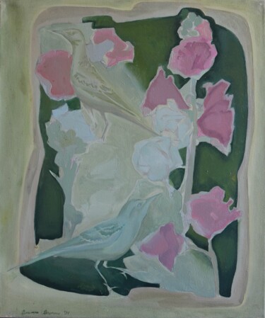Painting titled "AMONG THE HOLLYHOCK…" by Dmytro Dotsenko, Original Artwork, Oil