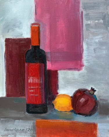 Still Life with a Bottle and a pomegranate Painting titled "Still Life with a B…" by Julija Levuskane, Original Artwork, Oil Mounted on Cardboard