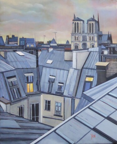 Painting titled "Paris s'eveille" by Jean-Michel Yon, Original Artwork, Oil Mounted on Wood Stretcher frame