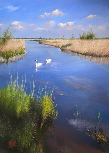 Peinture intitulée "Two swans in Struik…" par Rui Zhao, Œuvre d'art originale, Huile