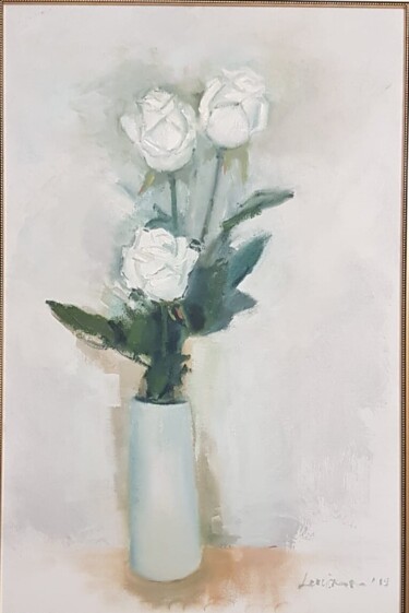 绘画 标题为“White Roses on White” 由Julija Levuskane, 原创艺术品, 油 安装在纸板上