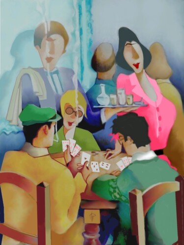 Arts numériques intitulée "la belote  du samed…" par Jean Pierre Poveda, Œuvre d'art originale, Peinture numérique