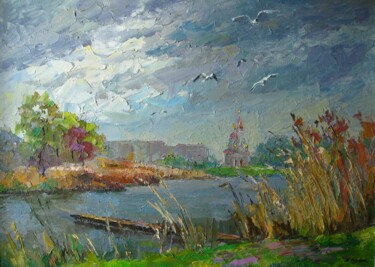 Schilderij getiteld "Gulls over the rive…" door Boris Serdyuk, Origineel Kunstwerk, Olie Gemonteerd op Karton