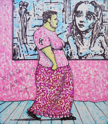 Disegno intitolato "Who cares?" da Milto Sideris, Opera d'arte originale, Pennarello