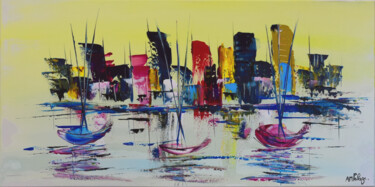 Peinture intitulée "Bateaux devant la C…" par Anne Marie Palaze, Œuvre d'art originale, Acrylique