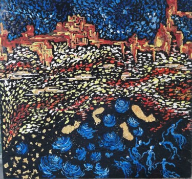 Pintura titulada "Town on the lake" por Silvia Sas, Obra de arte original, Acrílico Montado en Panel de madera