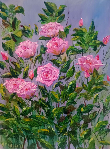 Light and Texture: Pink Roses in Bloom,Oil Painting titled "Light and Texture:…" by Natalia Malicka (ARTPOSITIVE / ARTPOZYTYW), Original Artwork, Oil Mounted on Wood S…