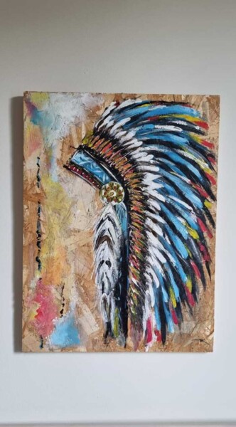 Peinture intitulée "Coiffe Indien" par Sonia_bk, Œuvre d'art originale, Acrylique Monté sur Châssis en bois