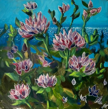 Schilderij getiteld "Flowers in December" door Ayza, Origineel Kunstwerk, Olie Gemonteerd op Frame voor houten brancard