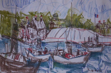 Painting titled "BATEAUX AU QUAI" by Gildas Cadic, Original Artwork, Watercolor