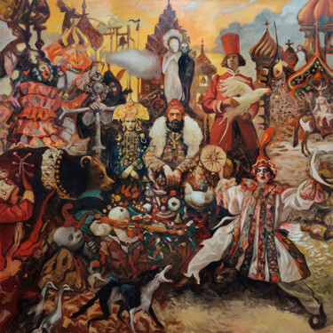 Painting titled "Feast" by Pavel Guliaev, Original Artwork, Oil Mounted on Wood Stretcher frame