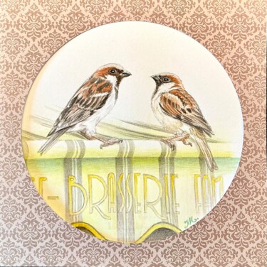 Painting titled "2 moineaux / brasse…" by Isabelle Molinard, Original Artwork, Watercolor Mounted on Glass