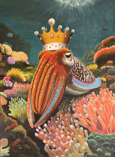 绘画 标题为“The Cuttlefish King” 由Michaël D'Auria, 原创艺术品, 丙烯 安装在木质担架架上