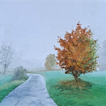 Painting titled "Into the Fog" by Tomsi, Original Artwork, Oil Mounted on Wood Stretcher frame