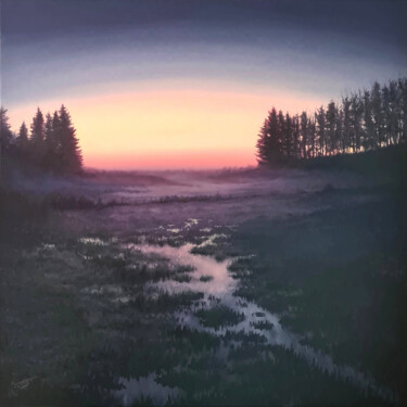 Painting titled "Misty Swamp #1" by Tomsi, Original Artwork, Oil Mounted on Wood Stretcher frame