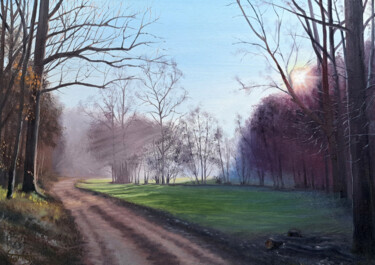 Painting titled "Vally Dawn" by Tomsi, Original Artwork, Oil Mounted on Wood Panel