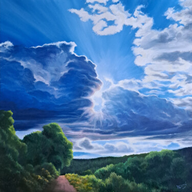 Schilderij getiteld "Through Clouds" door Tomsi, Origineel Kunstwerk, Olie Gemonteerd op Frame voor houten brancard
