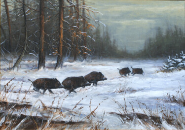 Painting titled "Dziki zimą" by Michał Nowakowski, Original Artwork, Oil Mounted on Wood Stretcher frame
