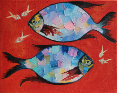 「A pair of fish」というタイトルの絵画 Tetiana Kushnirovaによって, オリジナルのアートワーク, オイル 段ボールにマウント