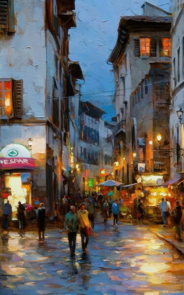 Painting titled "Evening walk." by Lara Vald, Original Artwork, Oil Mounted on Wood Stretcher frame