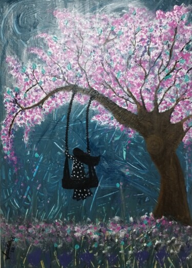 Painting titled ""la niña del colump…" by Laura Cano, Original Artwork, Acrylic Mounted on Wood Stretcher frame