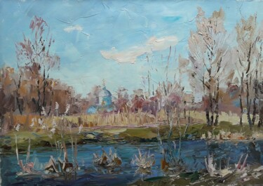 Painting titled "River Yezuch" by Boris Serdyuk, Original Artwork, Oil Mounted on Wood Stretcher frame