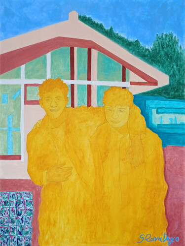 Peinture intitulée "AT THE BUS STOP" par Slava Dego, Œuvre d'art originale, Acrylique Monté sur Châssis en bois