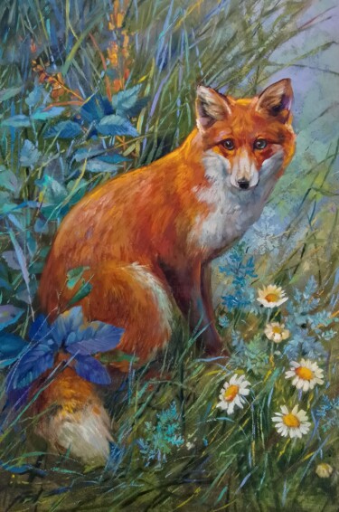 绘画 标题为“Fox in the grass” 由Svetlana Semiletova, 原创艺术品, 油 安装在木质担架架上