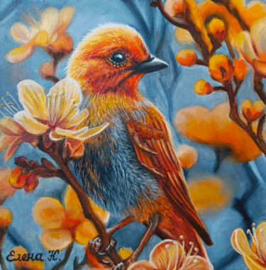 Bird on a blossoming branch. Spring Painting titled "Bird on a blossomin…" by Elena Kozyutenko, Original Artwork, Oil Mounted on Wood Stretcher frame