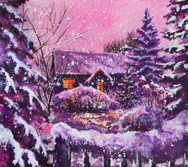 Картина под названием "Christmas Dusk" - Julie Wintertale, Подлинное произведение искусства, Акварель