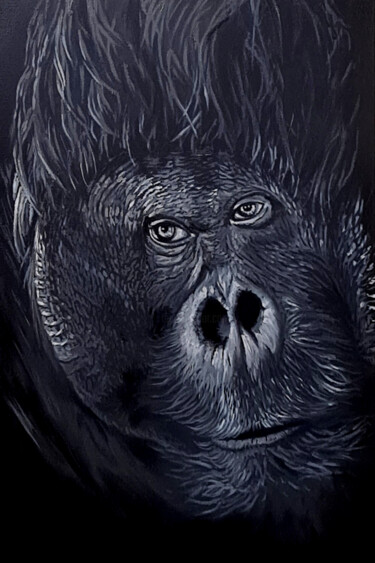 Painting titled "Black Orang Utan" by Tomsi, Original Artwork, Oil Mounted on Wood Stretcher frame